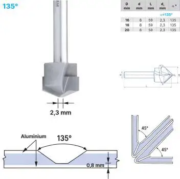 16,0 x 59 mm - d2=8 mm ✓ HM V-Nutenfräser, Abkantfräser, V-Cut Fasenfräser, 135° Fasenfräser mit Spezialgeometrie für Alu-Verbundstoffe 