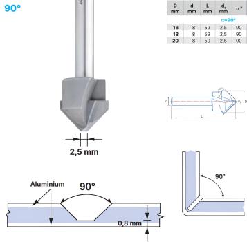 16,0 x 59 mm - d2=8 mm ✓ HM V-Nutenfräser, Abkantfräser, V-Cut Fasenfräser, 90° Fasenfräser mit Spezialgeometrie für Alu-Verbundstoffe 