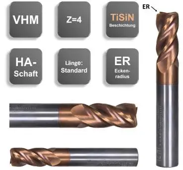 10ER1 x 22 x 75 - d2=10 mm ✓ VHM Schaftfräser mit Eckenradius, Kopierfräser, Torusfräser Z=4, TiSiN