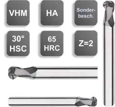 5,0R2,5 x 10 x 75 - d2=5 mm ✓ VHM-Formenbau-Vollradiusfräser 30°, Z=2, Beschichtung, HSC-Fräser bis 65 HRC