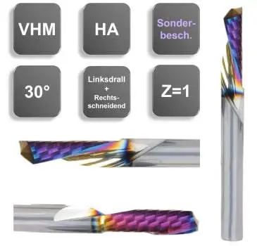 8,0 x 22 x 65, d2=8 mm ✓ VHM-Alu-Einzahnfräser 30°, linksdrall/ rechtsschneidend, RainBow-Schicht, poliert