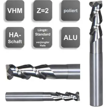 12,0 x 26 x 36 x 80 - d2=12 mm ✓ VHM Alufräser, Z=2, Fräser mit polierter Spannut, 55°, abgesetzt