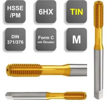 M6 ✓ HSSE/PM-Gewindeformer/Gewindefurcher, DIN 371, TIN, 6HX, Form C, mit Ölnuten, bis 3xd