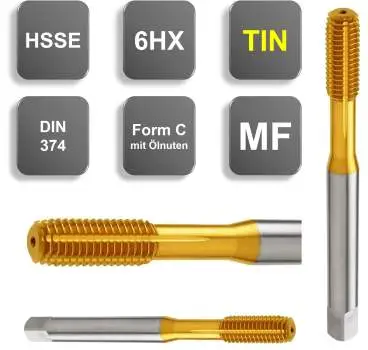 M8 x 1 - HSSE Gewindeformer, DIN 374, TIN, 6HX, Form C, mit Ölnuten