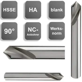 Präzisions-Anbohrer aus HSSE von GEFRABO, blank geschliffen und in Größen von 3 bis 20 mm erhältlich, ideal für CNC-Anwendungen.