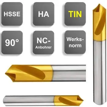 TiN-beschichteter HSSE-NC-Anbohrer mit 90° Spitzenwinkel für saubere Zentrierbohrungen und reduzierte Reibung