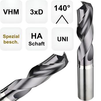VHM Universalbohrer 3xD mit 140° Spitzenwinkel für Stahl und Metall