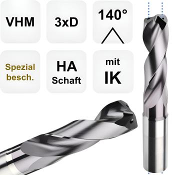 VHM Kühlkanalbohrer 3xD beschichtet - Universalbohrer mit 140° Spitzenwinkel