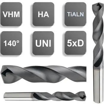 Hochleistungs VHM-Bohrer 5xD beschichtet - Spiralbohrer, Universalbohrer 140°