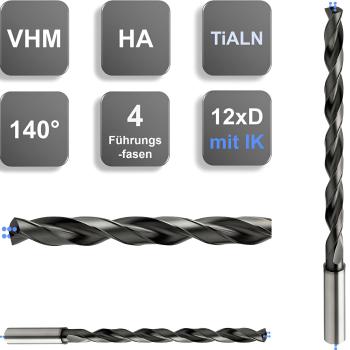 GEFRABO Kühlkanalbohrer VHM mit IK 12xD, Spiralbohrer mit zwei Führungsfasen
