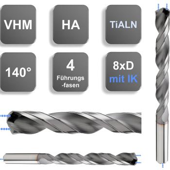 VHM-Kühlkanalbohrer mit Beschichtung, 8xD Spiralbohrer mit zwei Führungsfasen und 135° Spitzenwinkel