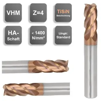 1,5 x 4 x 50 - d2=4 mm ✓ VHM Fräser, Universal-Schaftfräser 30°, Z=4 mit TiSiN Beschichtung für Werkstoffe bis ca. 52 HRC