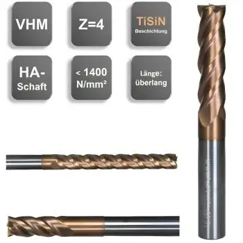 12 x 30 x 100 - d2=12 mm ✓ VHM Schaftfräser, Fräser überlang, Z=4, TiSiN beschichtet, extralang
