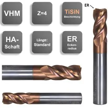 3ER0,5 x 8 x 50 - d2=3 mm ✓ VHM Schaftfräser mit Eckenradius, Kopierfräser, Torusfräser Z=4, TiSiN