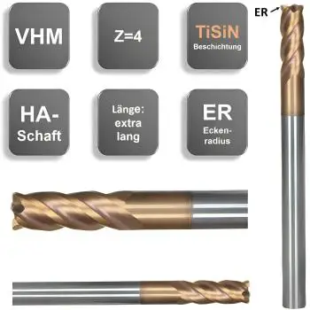 12ER0,5 x 27 x 150 - d2=12 mm ✓ VHM Fräser ER extralang, überlang Z=4, TiSiN Beschichtet HA-Schaft, Kopierfräser mit Eckenradius, Torusfräser