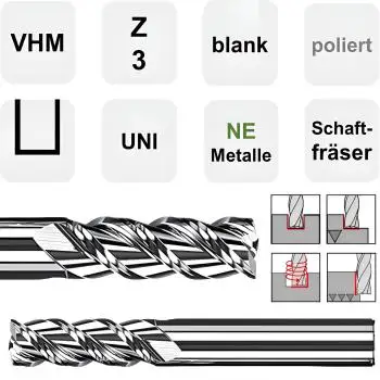 4,0 x 12 x 50 - d2=6 mm ✓ VHM Alu-Fräser, Z=3, Schaftfräser mit polierter Nut für NE-Metalle