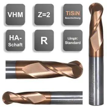 14R7 x 28 x 80 - d2=14 mm ✓ VHM Radiusfräser, Vollradiusfräser Z=2, TiSiN beschichtet
