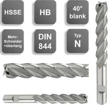 28,0 x 90 x 166 - d2=25 mm ✓ HSSE-Schaftfräser 35°, Z=6, Überlanger/ Extralanger Fräser Typ N, DIN844, HB