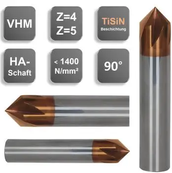 3,0 x 40 - d2=3 mm ✓ VHM Entgrater, Fasenfräser 90°, Z=4, Beschichtet, HA-Schaft