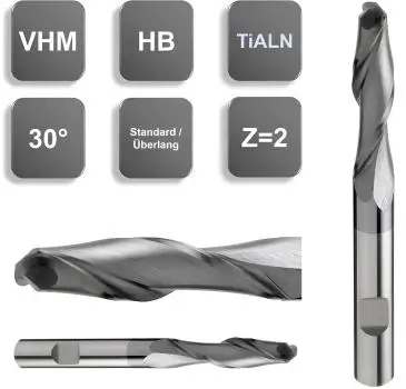 6R3 x 40 x 150 - d2=6 mm ✓ VHM-Radiusfräser 30°, Z=2, Vollradiusfräser Spezialbeschichtet, Überlang