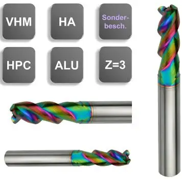 3ER0,13 x 8 x 18 x 57 - d2=6 mm ✓ VHM HPC Alu-Fräser 42/45°, Z=3, Rainbow-Beschichtung, Extrem-Fräser