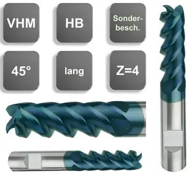3,0 x 14 x 57 - d2=6 mm ✓ VHM-Schaftfräser 45° Spirale, lang, Z=4, Spezialbeschichteter Fräser mit HB Schaft
