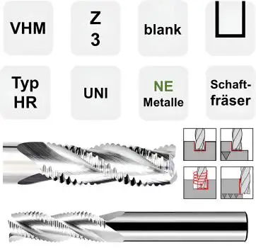 12,0 x 36 x 75 - d2=12 mm ✓ VHM Schruppfräser, Z=3 Fräser für NE-Metalle wie Alu, Kupfer, Holz, MDF