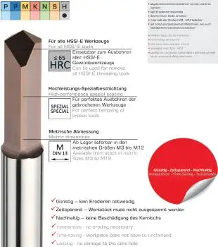 Set M3 / M4 / M5 / M6 / M8 / M10 / M12 ✓ VHM-Gewindebohrer-Ausbohrer-Satz, Beschichtet, zum Ausbohren von gebrochen Gewindebohrern