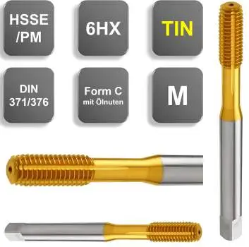 M6 ✓ HSSE/PM-Gewindeformer/Gewindefurcher, DIN 371, TIN, 6HX, Form C, mit Ölnuten, bis 3xd