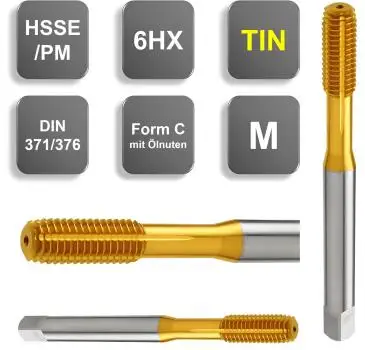 M2 ✓ HSSE/PM-Gewindeformer/Gewindefurcher, DIN 371, TIN, 6HX, Form C, mit Ölnuten, bis 3xd