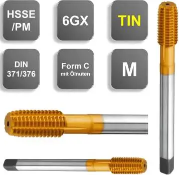 HSSE/PM-Gewindeformer, DIN 371, TIN beschichtet, 6GX, Form C, mit Ölnuten, 2,5xd