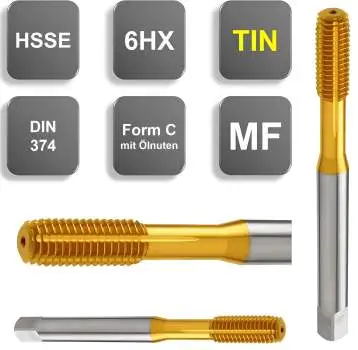 HSSE Gewindeformer, Gewindefurcher DIN 374, TIN, 6HX Toleranz, Form C, mit Ölnuten MF Gewinde