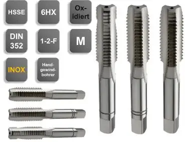 M5 ✓ HSSE Handgewindebohrer Satz 3-teilig (1-2-F) 6HX, gerade genutet, DIN 352, für Inox