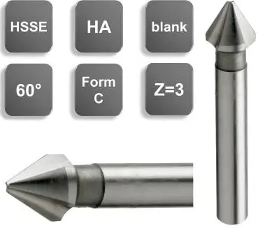 12,4 x 60, d2=8 mm ✓ HSSE-Kegelsenker 60°, Entgratsenker Form C, Senker, Senkbohrer Z=3