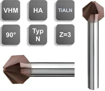 12,4 x 56 - d2=8 mm ✓ VHM Kegelsenker 90°, Entgratsenker Z=3, beschichtet, bis 60 HRC