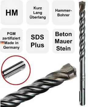 15,0 x 160 mm ✓ Hammerbohrer SDS Plus Betonbohrer mit 2 HM Schneiden (Z=2), PGM Zertifiziert für Beton, Mauerwerk und armiertem Betron - Made in Germany