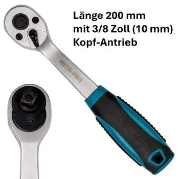 Ratsche 3/8 Zoll 72 Zähne 200 mm Cr-V Stahl Profi Knarre von Meta-Pro