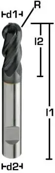 8R4 x 16 x 63 - d2=8 mm ✓ VHM-HPC Radius-Fräser 35/38°, Vollradiusfräser, Kugelfräser bis 1400 N/mm²