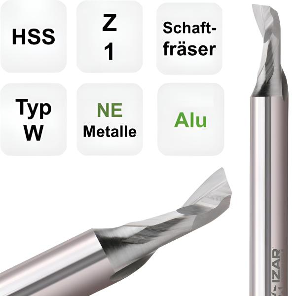 4,0 x 12 x 60 - d2=6 mm ✓ HSS Alufräser, Einzahnfräser, Fräser, Spiralfräser mit Z=1