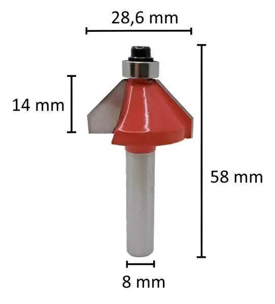 28,6 mm ✓ HM Holzfräser 45°, V-Cutfräser mit Kugellager (Bündigfräser) d2=8 mm Routerbit für Oberfräse