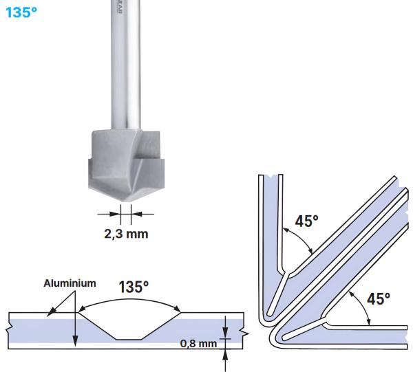 16,0 x 59 mm - d2=8 mm ✓ HM V-Nutenfräser, Abkantfräser, V-Cut Fasenfräser, 135° Fasenfräser mit Spezialgeometrie für Alu-Verbundstoffe 