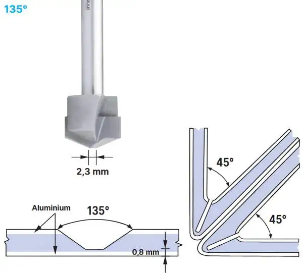 16,0 x 59 mm - d2=8 mm ✓ HM V-Nutenfräser, Abkantfräser, V-Cut Fasenfräser, 135° Fasenfräser mit Spezialgeometrie für Alu-Verbundstoffe 