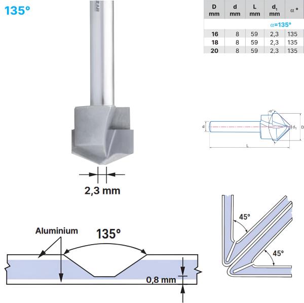 16,0 x 59 mm - d2=8 mm ✓ HM V-Nutenfräser, Abkantfräser, V-Cut Fasenfräser, 135° Fasenfräser mit Spezialgeometrie für Alu-Verbundstoffe 