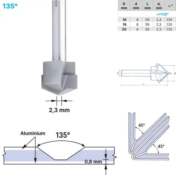 16,0 x 59 mm - d2=8 mm ✓ HM V-Nutenfräser, Abkantfräser, V-Cut Fasenfräser, 135° Fasenfräser mit Spezialgeometrie für Alu-Verbundstoffe 