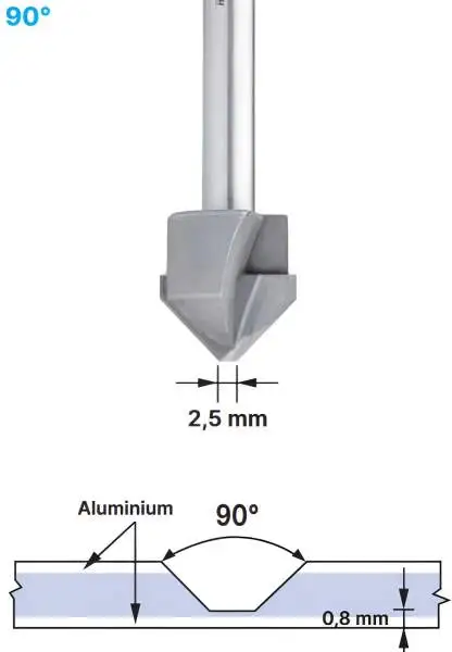18,0 x 59 mm - d2=8 mm ✓ HM V-Nutenfräser, Abkantfräser, V-Cut Fasenfräser, 90° Fasenfräser mit Spezialgeometrie für Alu-Verbundstoffe 