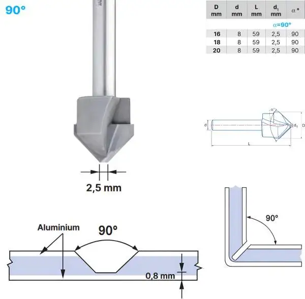 18,0 x 59 mm - d2=8 mm ✓ HM V-Nutenfräser, Abkantfräser, V-Cut Fasenfräser, 90° Fasenfräser mit Spezialgeometrie für Alu-Verbundstoffe 