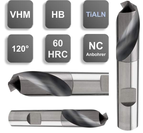 10,0 x 20 x 70 - d2=10 mm ✓ VHM-NC-Anbohrer 120° bis 60 HRC mit Beschichtung, HB Schaft