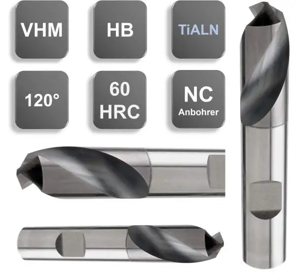 8,0 x 16 x 60 - d2=8 mm ✓ VHM-NC-Anbohrer 120° bis 60 HRC mit Beschichtung, HB Schaft