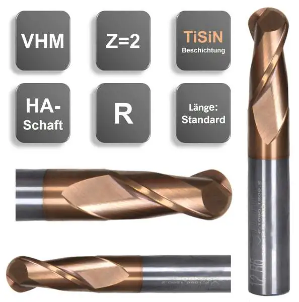 8R4 x 16 x 63 - d2=8 mm ✓ VHM Radiusfräser, Vollradiusfräser Z=2, TiSiN beschichtet