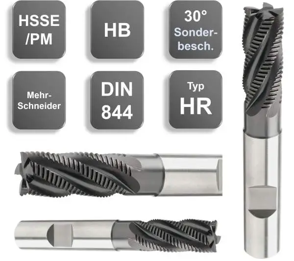 20,0 x 38 x 104 mm, Typ HR, d2=20,0 HB, HSSE/PM-Schruppfräser 30°, DIN 844, Z=5, beschichtet